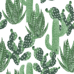 Vector seamless pattern with different cactus. Bright repeated texture with green cacti. Natural hand drawing background with desert plants.