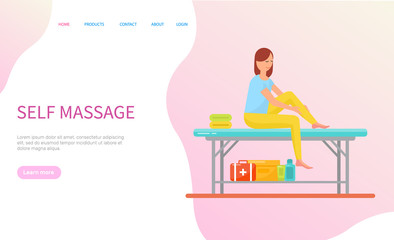 Woman making self massage, girl sitting on table with towels and cosmetics. Healthcare and relaxation of person, treatment and therapy, web page vector