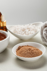selective focus of clay powder and sea salt in bowls isolated on grey
