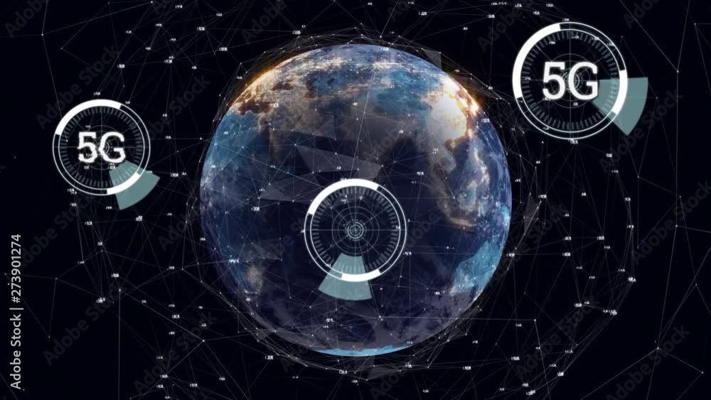 Poster 5g written in the middle of a futuristic circles and the globe with asymmetric lines