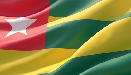 Fototapeta na wymiar Waved highly detailed close-up flag of Togo. 3D illustration.