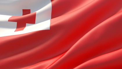 Waved highly detailed close-up flag of Tonga. 3D illustration.