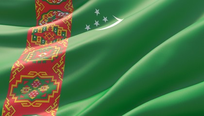 Waved highly detailed close-up flag of Turkmenistan. 3D illustration.