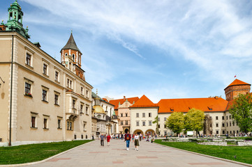  Krakow, Poland - April 26, 2019: view at wawel castle with tourists.