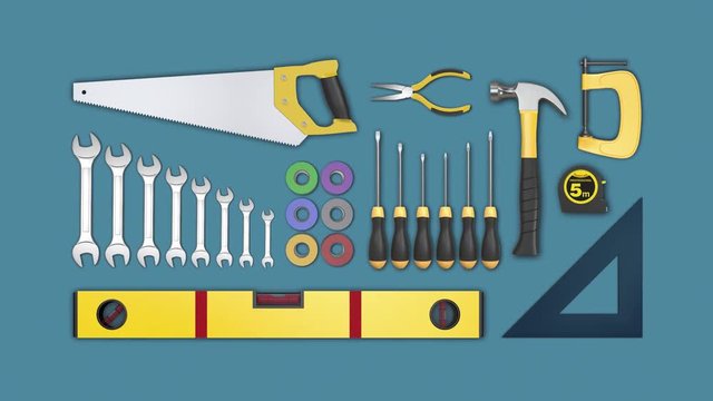 hardware tools set animation, concept of DIY, seamless loop (3d render)