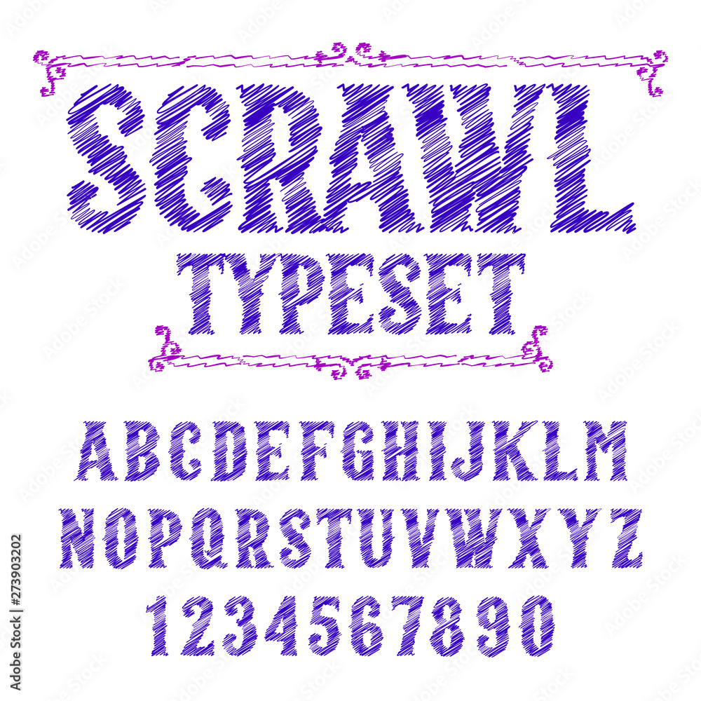 Aufkleber scrawl alphabet font. uppercase handwritten letters and numbers. stock vector hand drawn typescript.