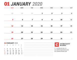 Calendar template for 2020. Business planner. Stationery design. Week starts on Sunday