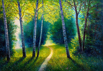 Oil painting forest landscape, beautiful solar road in the woods on canvas. Sunny summer in birch forest.