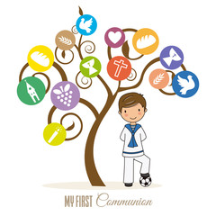 first communion card. Child together tree.