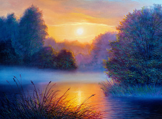 Paysage du matin avec arbre et rivière. Paysage de forêt de peinture à l& 39 huile.