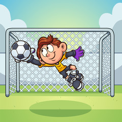 Cartoon goalie boy catching a soccer ball clip art. Vector illustration with simple gradients. Some elements on separate layers. 