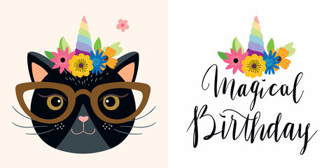 Birthday cards set with funny unicorn cat and hand lettering