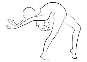 Silhouette of slender lady. The girl plays the ball. Female gymnast. Graphic image. Vector illustration