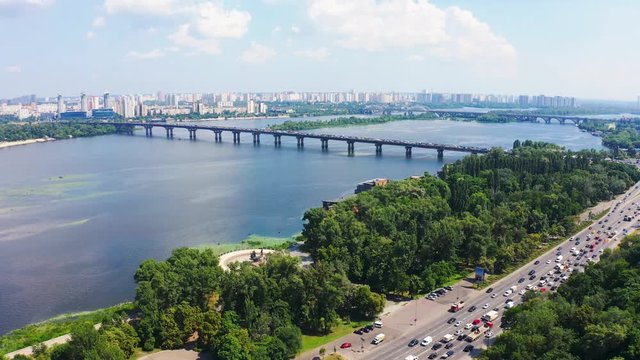 Aerial fly over Paton bridge in Kiev. Overall plan 4k