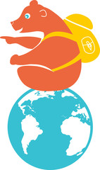 Globe with a bear with a backpack that reads a map for travel