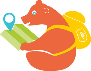 Globe with a bear with a backpack that reads a map for travel