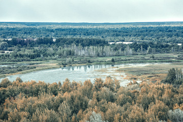 Vew of Pripyat river from roof of 16-storied apartment house in Pripyat town, Chernobyl Nuclear Power Plant Zone of Alienation, Ukraine.