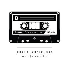 Black and White Retro Cassette Vector design with text world music day