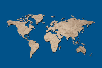 Fototapeta na wymiar brown crumpled paper texture world map
