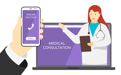 Online medicine consultation support. Doctor therapist woman with stethoscope on laptop screen and hand with smartphone medical mobile app. Vector illustration internet consulting hospital service