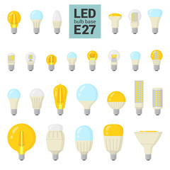 LED light bulbs with E27 base, vector colorful icon set on white background