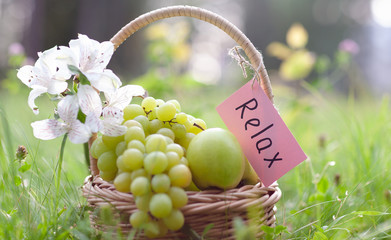 Picnic basket with grapes, apples, concept of relaxation