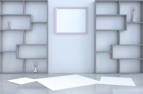 Empty grey  room decor with shelves wall, tile floor, carpet, branch. 3D render. The sun shines through the window into the shadows. 