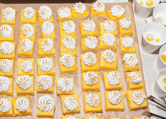 Custard pie with meringue on candy buffet