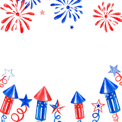 July Fourth banner with fireworks and salute on white background. Festive independence day illustration for cards, white, red and blue colors of USA flag.