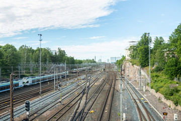 Fototapeta premium Helsinki,Finland - June 12, 2019: Wiew of Helsinki railway. Train arrives the station