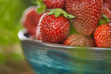 selective focus of fresh red strawberries in bowl