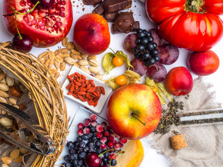 antioxidants, resveratrol food as green tea, grape, blueberry, apricot, apple, cocoa, tomatoes, pomegranate, physalis, dark chocolate, goji, nuts