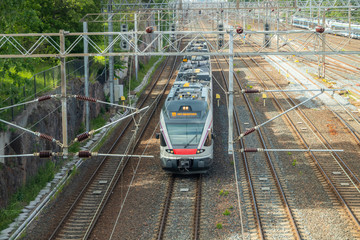 Helsinki,Finland - June 12, 2019: Wiew of Helsinki railway. Train arrives the station