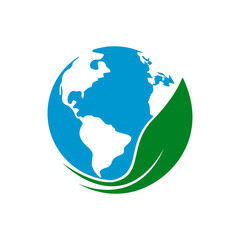 Earth globe with green leaf. Eco concept, icon.