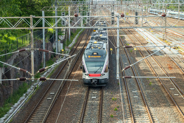 Helsinki,Finland - June 12, 2019: Wiew of Helsinki railway. Train arrives the station