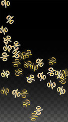 Fototapeta na wymiar Luxury Vector Gold Percentage Sign Confetti on Transparent. Percent Sale Background. Business, Economics Print. Discount Illustration. Promotion Poster. Black Friday Banner. Special offer Template.