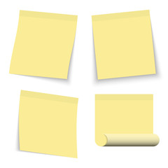 Set of yellow stickers papers. Note paper with curled corner. Vector isolated on white background.