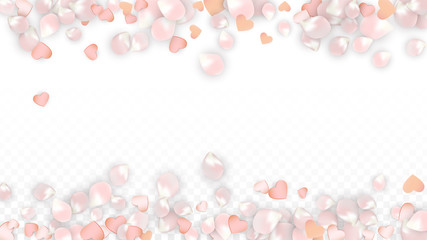 Vector Realistic Petals and Hearts Confetti. Flying Sakura and Hearts on Transparent Background. Wedding Invitation Background. Spring Romance Poster. Vector Illustration for Anniversary Design.