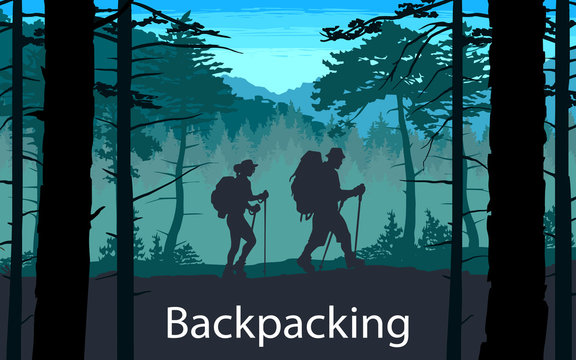 Silhouettes of travelers with backpacks in the forest. Mountain landscape. hiking, trekking, backpacking.