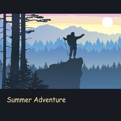 Silhouettes of traveler with backpacks in the forest. Mountain landscape. hiking, trekking, backpacking.