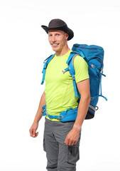 Male tourist with a backpack on a white background. - 273910407