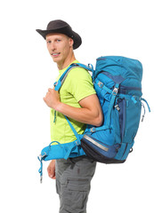 Male tourist with a backpack on a white background. - 273910414