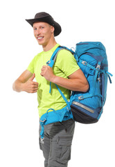 Male tourist with a backpack on a white background. - 273910443