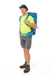Male tourist with a backpack on a white background. - 273910446