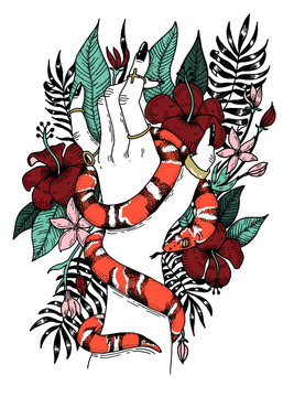 illustration of a Hand with a snake and tropical flowers