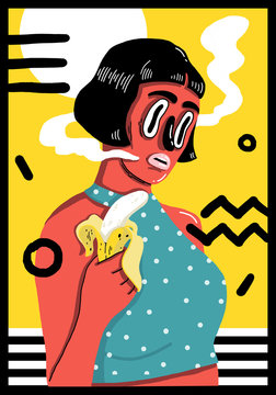 Illustration of woman with banana standing on abstract background