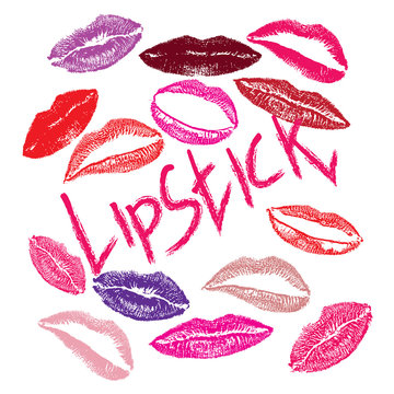 set of colorful kissing lips, and the inscription lipstick. isolated on white background