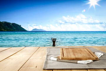 desk of free space and summer beach 