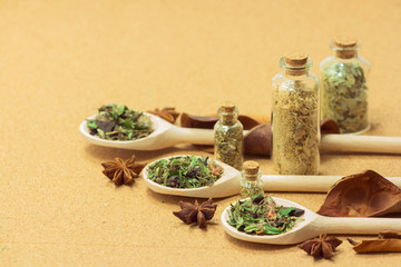 Assorted natural medicinal herbs, organic pills, vitamins from medicinal plants. Pharmaceuticals and alternative medicine. Biologically active additives.