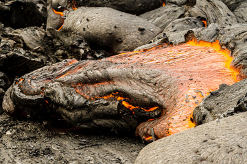 Eruption of Volcano Tolbachik, boiling magma, close up image of hot lava, Kamchatka Peninsula, Russia